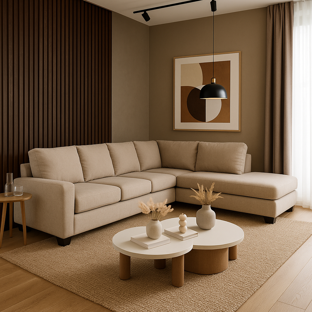 Tan Beige Blue Right Facing L-Shaped Sectional Sofa