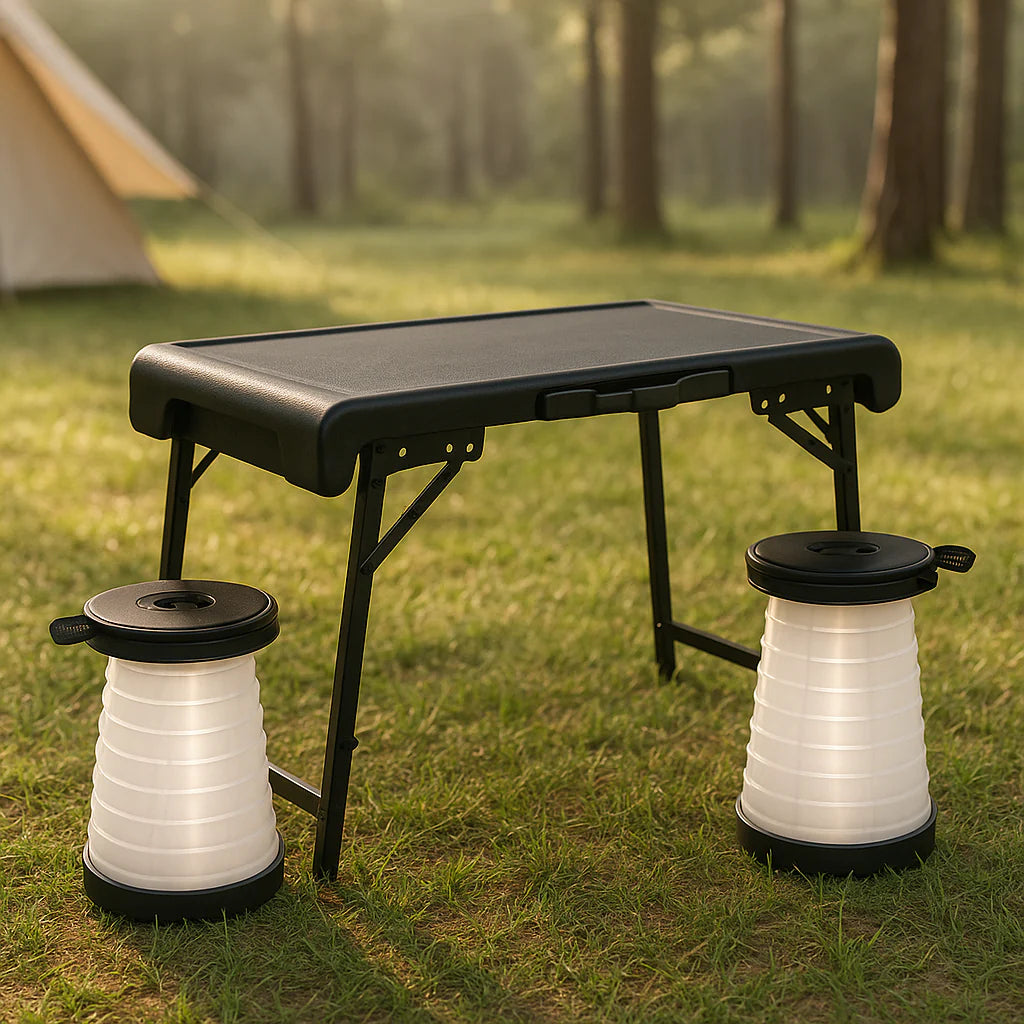 Exclusive 3 Pieces Folding Camping Table Stool Set with 2 Retractable LED Stools - Premium Outdoor Adventure Collection