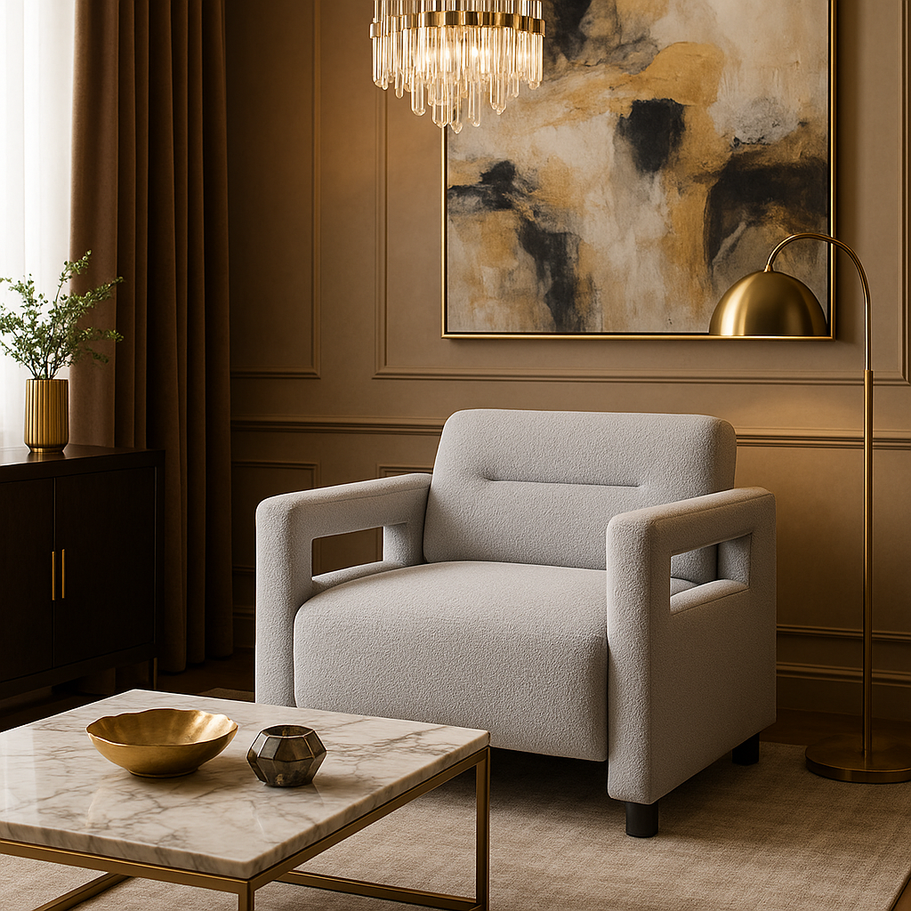 Luxury Gray Boucle Accent Chair - Premium Plywood Frame Armchair with Cushioned Seat & Modern Upholstery for Living Room & Bedroom
