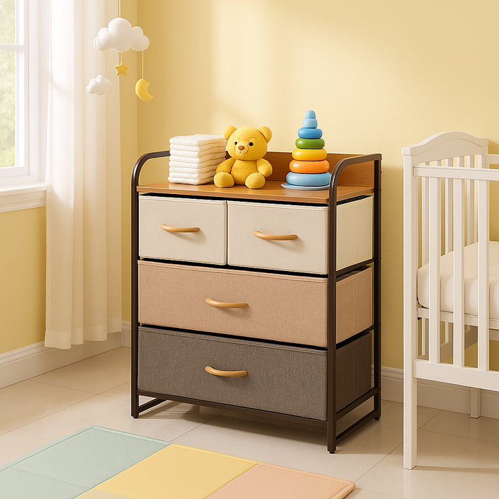 4-Drawer Compact Storage Tower - Multi-Room Organizer Cabinet with Steel Frame & Wood Top