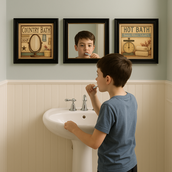 Refined Trio Black Rim Gallery Bathroom Art & Mirror Set