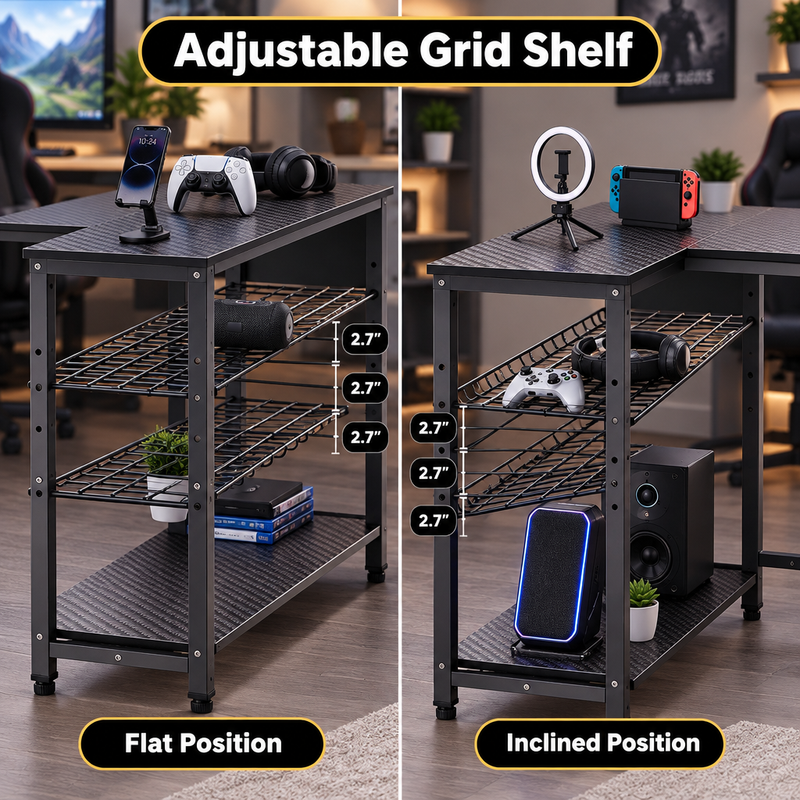 Adjustable side shelf shown in flat and inclined positions