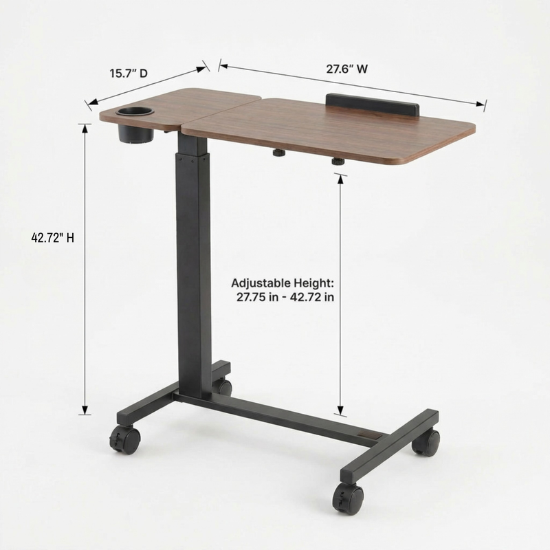 Close-up of overbed table rolling casters with locking brake pedal