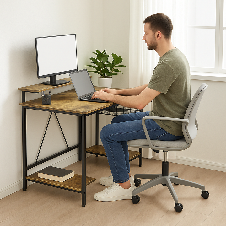 LumoEdge Reversible L-Shaped Desk with LED Lights & Power Hub – Rustic Brown