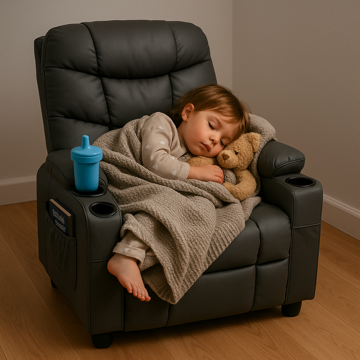 Premium PU Leather Kids Recliner Chair with Dual Cup Holders & Storage Pockets - Ergonomic Youth Furniture with 130° Recline