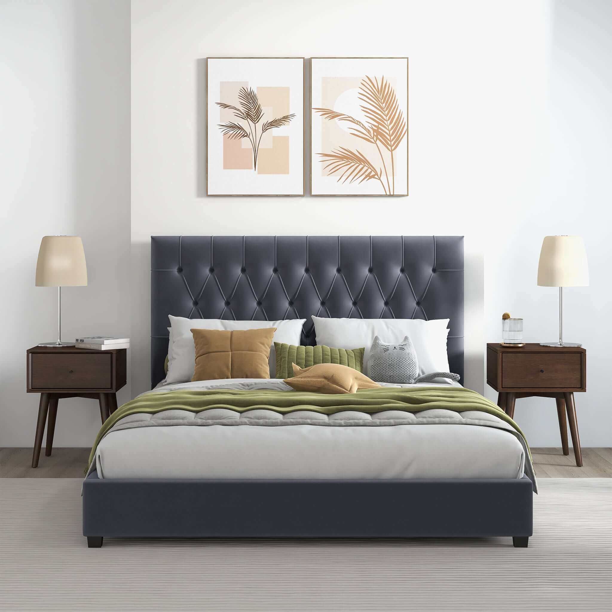 Donald Mid Century Modern Grey Velvet Platform Bed Queen