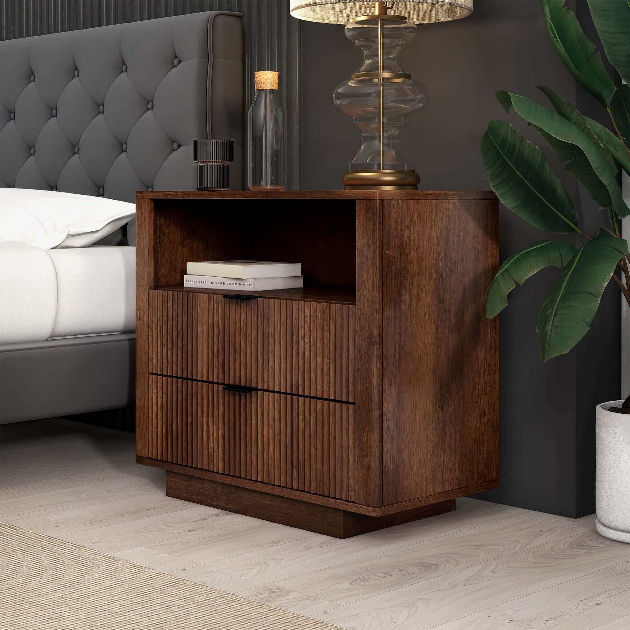 Lola Mid Century Modern Walnut Nightstand 2-Drawer Bed Side Table