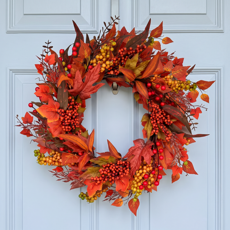 22-inch artificial fall wreath with seasonal autumn foliage and decorative accents
