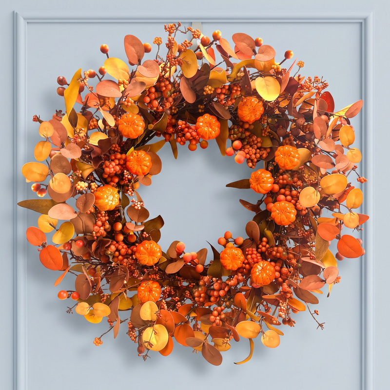 22-inch artificial fall wreath with seasonal autumn foliage and decorative accents