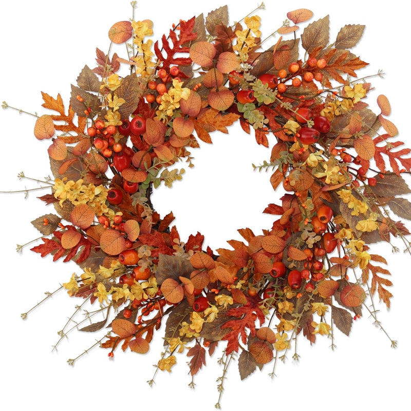 22-inch artificial fall wreath with seasonal autumn foliage and decorative accents