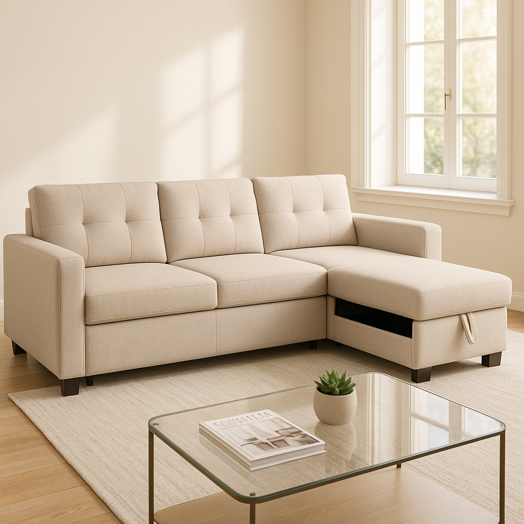 Premium Beige Woven Fabric Reversible Sleeper Sectional with Storage Chaise - Multi-Functional Living Room Furniture Set
