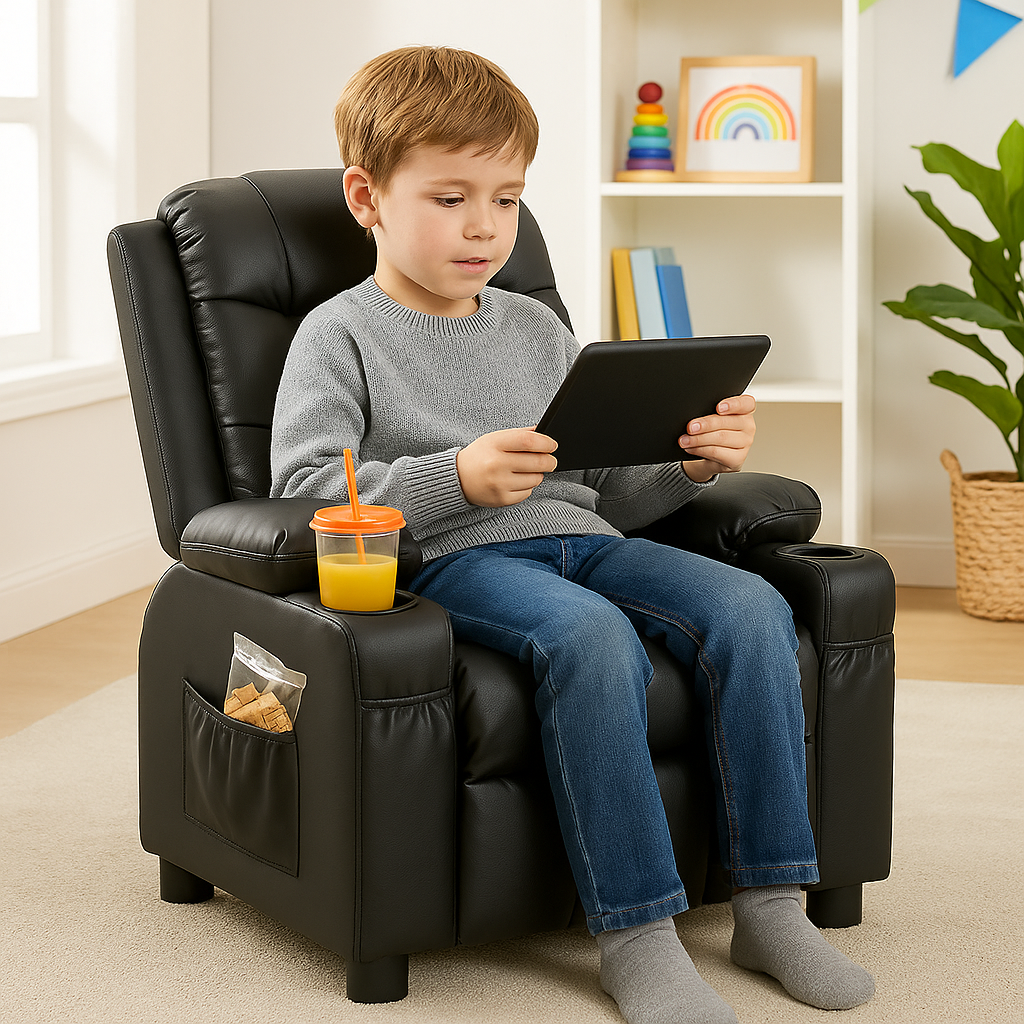 Premium PU Leather Kids Recliner Chair with Dual Cup Holders & Storage Pockets - Ergonomic Youth Furniture with 130° Recline