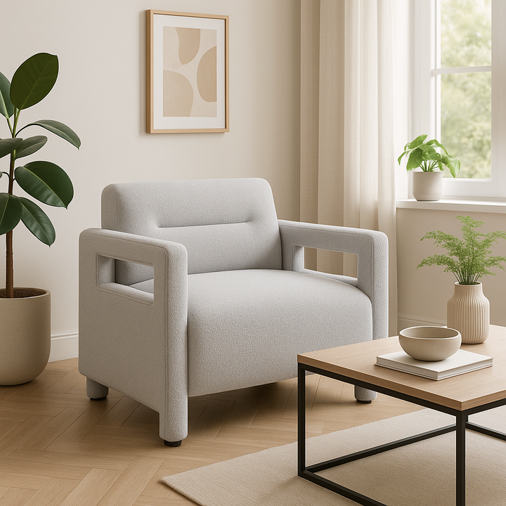 Luxury Gray Boucle Accent Chair - Premium Plywood Frame Armchair with Cushioned Seat & Modern Upholstery for Living Room & Bedroom