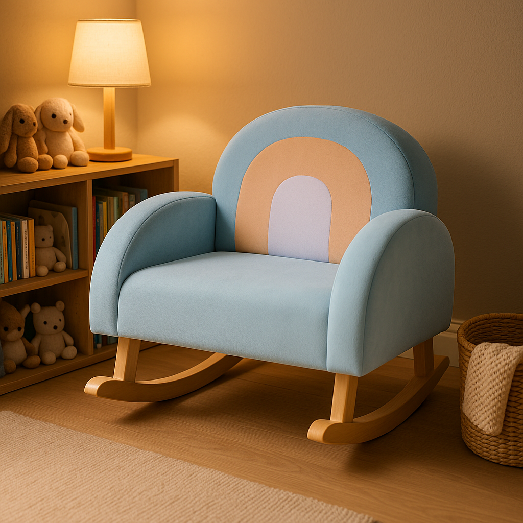 Premium Blue Velvet Toddler Rocking Chair with Solid Rubber Wood Frame - ASTM Certified Kids Furniture for Ages 0-5