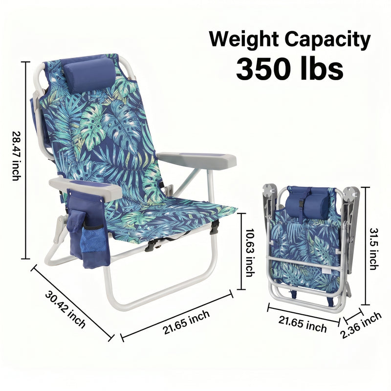 Dimension diagram of the 350 lb capacity backpack beach chair showing open height, width, and folded size measurements