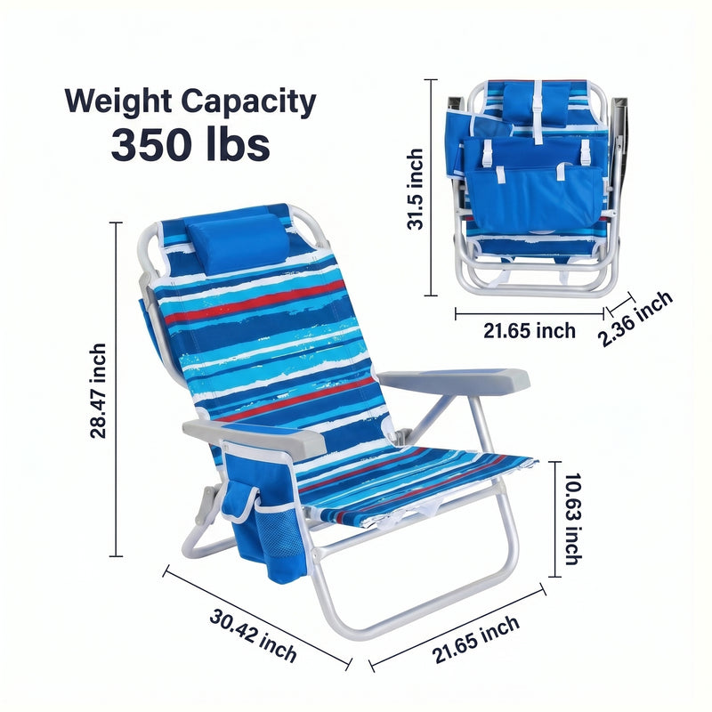 Dimension diagram of the 350 lb capacity backpack beach chair showing open height, width, and folded size measurements