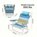 Dimension diagram of the 350 lb capacity backpack beach chair showing open height, width, and folded size measurements