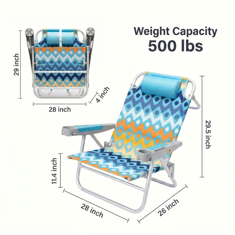 Dimension diagram of the 350 lb capacity backpack beach chair showing open height, width, and folded size measurements
