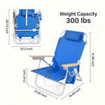 Dimension diagram of the 350 lb capacity backpack beach chair showing open height, width, and folded size measurements