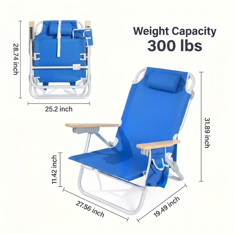 Dimension diagram of the 350 lb capacity backpack beach chair showing open height, width, and folded size measurements