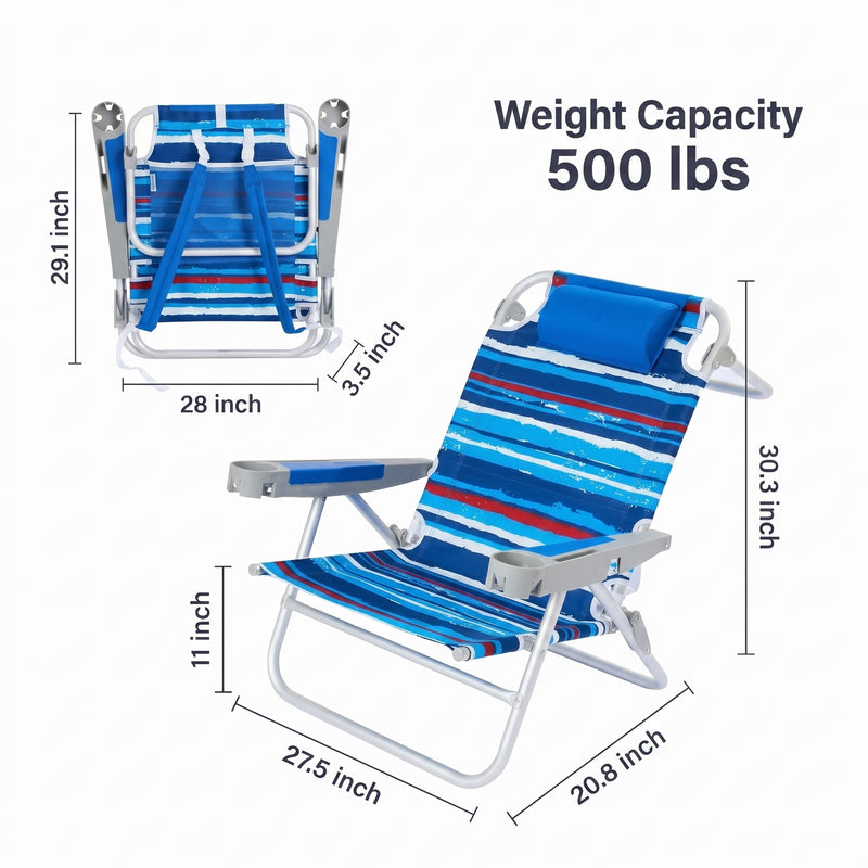 Dimension diagram of the 350 lb capacity backpack beach chair showing open height, width, and folded size measurements