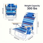 Dimension diagram of the 350 lb capacity backpack beach chair showing open height, width, and folded size measurements
