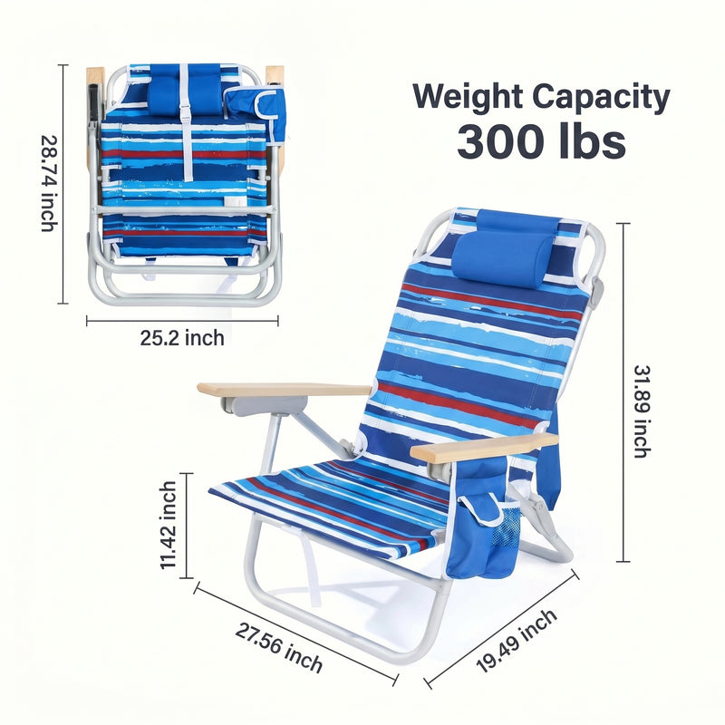 Dimension diagram of the 350 lb capacity backpack beach chair showing open height, width, and folded size measurements