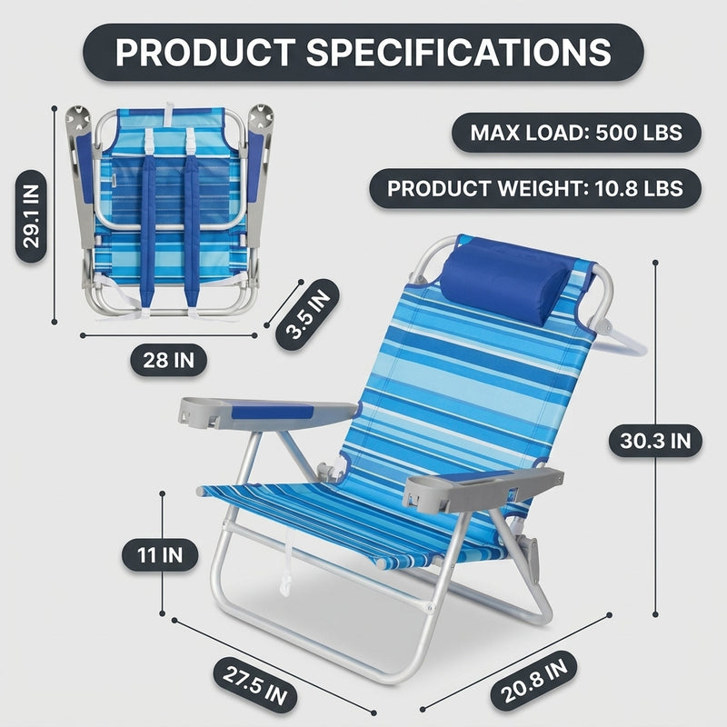 Dimension diagram of the 350 lb capacity backpack beach chair showing open height, width, and folded size measurements