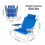 Dimension diagram of the 350 lb capacity backpack beach chair showing open height, width, and folded size measurements