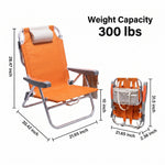 Dimension diagram of the 350 lb capacity backpack beach chair showing open height, width, and folded size measurements
