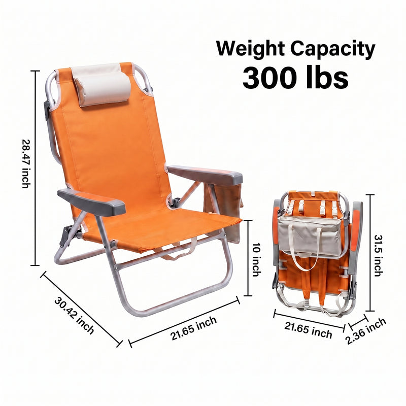 Dimension diagram of the 350 lb capacity backpack beach chair showing open height, width, and folded size measurements