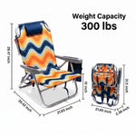 Dimension diagram of the 350 lb capacity backpack beach chair showing open height, width, and folded size measurements