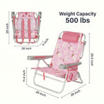 Dimension diagram of the 350 lb capacity backpack beach chair showing open height, width, and folded size measurements