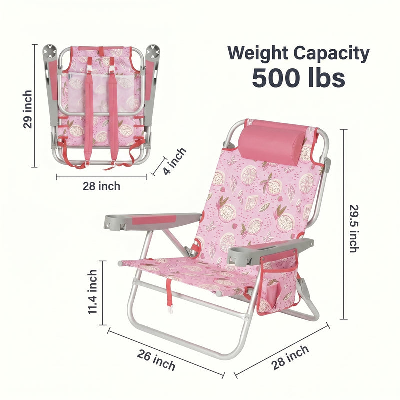 Dimension diagram of the 350 lb capacity backpack beach chair showing open height, width, and folded size measurements