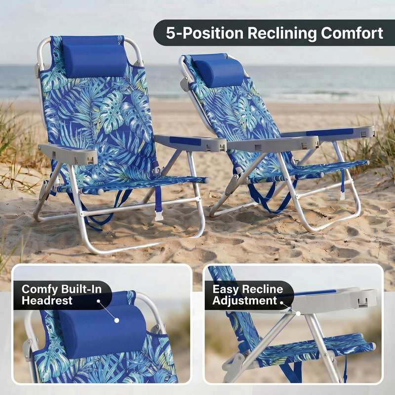 Dimension diagram of the 350 lb capacity backpack beach chair showing open height, width, and folded size measurements