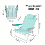 Dimension diagram of the 350 lb capacity backpack beach chair showing open height, width, and folded size measurements