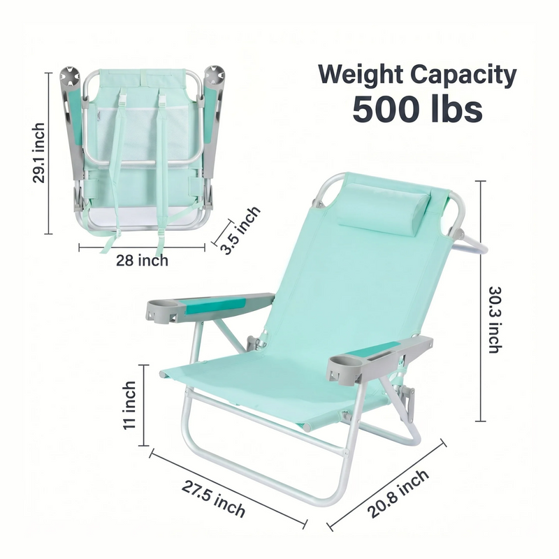 Dimension diagram of the 350 lb capacity backpack beach chair showing open height, width, and folded size measurements