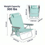 Dimension diagram of the 350 lb capacity backpack beach chair showing open height, width, and folded size measurements