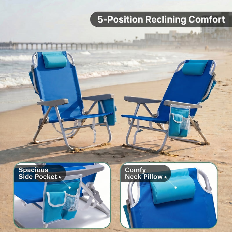 Two reclining backpack beach chairs on the beach highlighting the 5-position recline, the side storage pocket holding keys and a phone, and the padded neck pillow