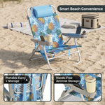 Two reclining backpack beach chairs on the beach highlighting the 5-position recline, the side storage pocket holding keys and a phone, and the padded neck pillow