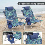 Two reclining backpack beach chairs on the beach highlighting the 5-position recline, the side storage pocket holding keys and a phone, and the padded neck pillow