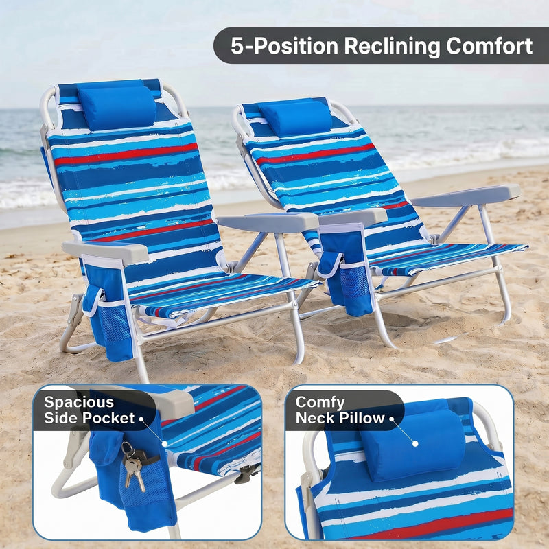 Two reclining backpack beach chairs on the beach highlighting the 5-position recline, the side storage pocket holding keys and a phone, and the padded neck pillow