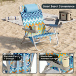 Two reclining backpack beach chairs on the beach highlighting the 5-position recline, the side storage pocket holding keys and a phone, and the padded neck pillow