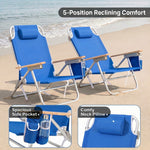 Two reclining backpack beach chairs on the beach highlighting the 5-position recline, the side storage pocket holding keys and a phone, and the padded neck pillow