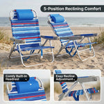 Two reclining backpack beach chairs on the beach highlighting the 5-position recline, the side storage pocket holding keys and a phone, and the padded neck pillow