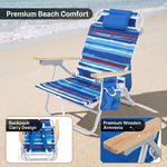Two reclining backpack beach chairs on the beach highlighting the 5-position recline, the side storage pocket holding keys and a phone, and the padded neck pillow