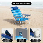Two reclining backpack beach chairs on the beach highlighting the 5-position recline, the side storage pocket holding keys and a phone, and the padded neck pillow