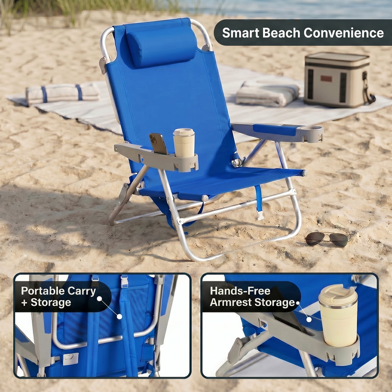 Two reclining backpack beach chairs on the beach highlighting the 5-position recline, the side storage pocket holding keys and a phone, and the padded neck pillow