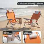 Two reclining backpack beach chairs on the beach highlighting the 5-position recline, the side storage pocket holding keys and a phone, and the padded neck pillow