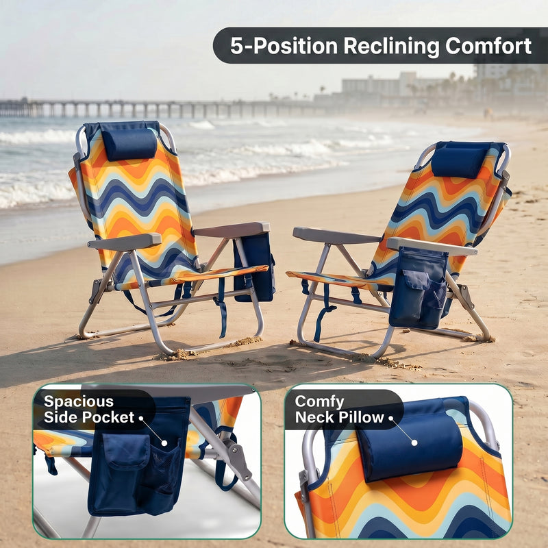 Two reclining backpack beach chairs on the beach highlighting the 5-position recline, the side storage pocket holding keys and a phone, and the padded neck pillow